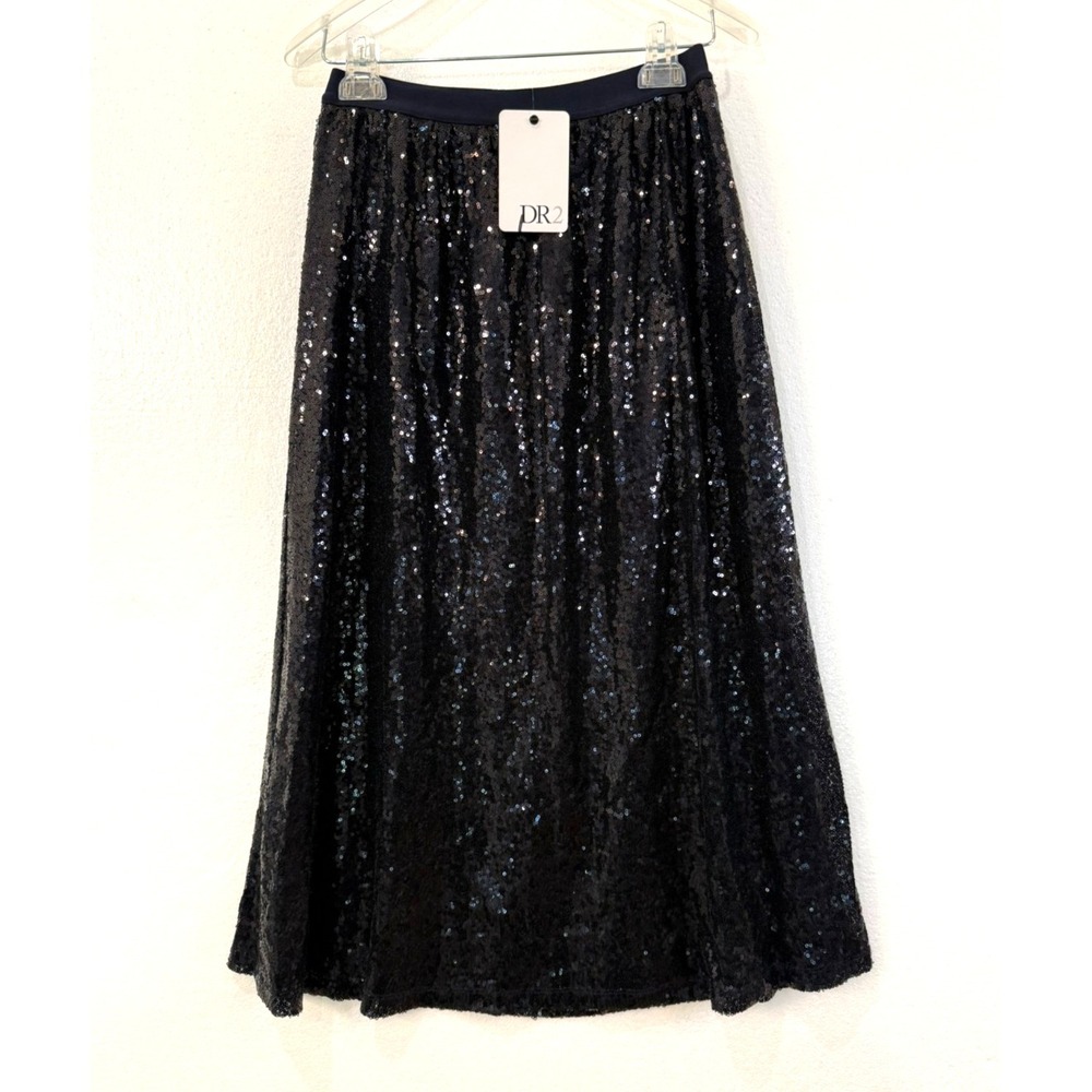 NWT DR2 Size Small Navy Blue Sequin Lined Elastic Waist Midi Skirt‎